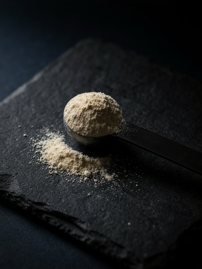 Polvo de vitamina en una cuchara medidora sobre pizarra oscura