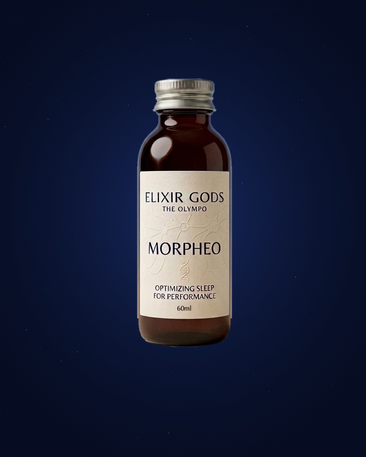 Botella de Morpheo de ELIXIR GODS: cristal ámbar, tapón plateado y etiqueta crema