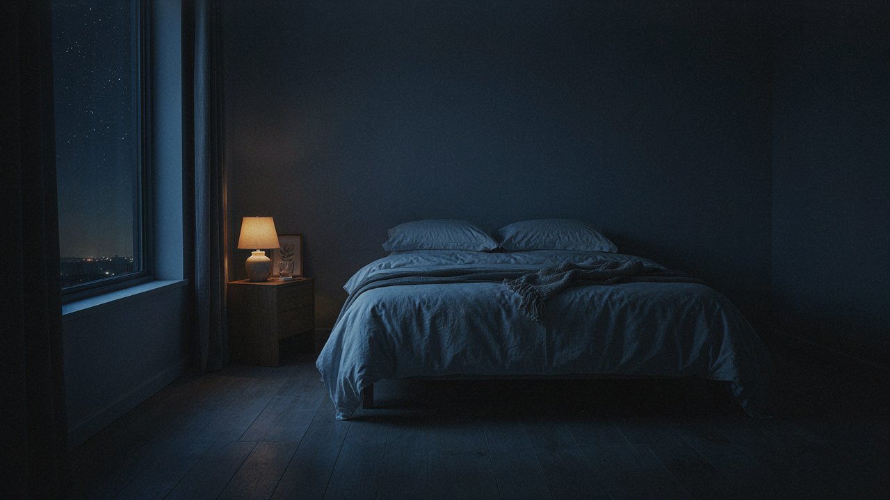 Un dormitorio en calma, de noche, con la luz de la mesita encendida